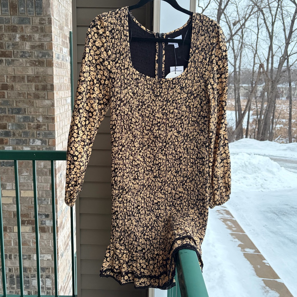 Lost+Wander Black Golden Floral Smocked Mini Dress Long Sleeve Rufflehem Sizem — image 4 of 8